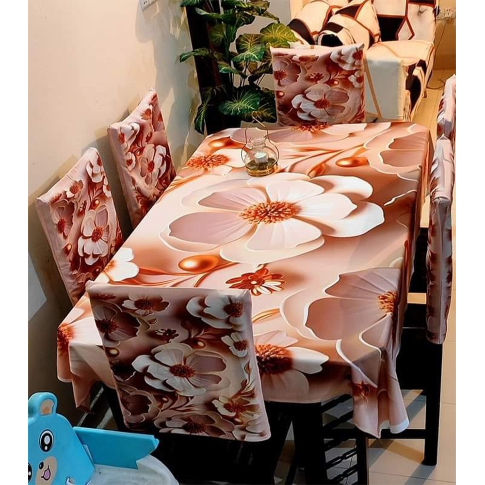 Korean Velvet 3D Print Dining Table Cloth and Chair Cover Set 7 In 1 - HS 00082