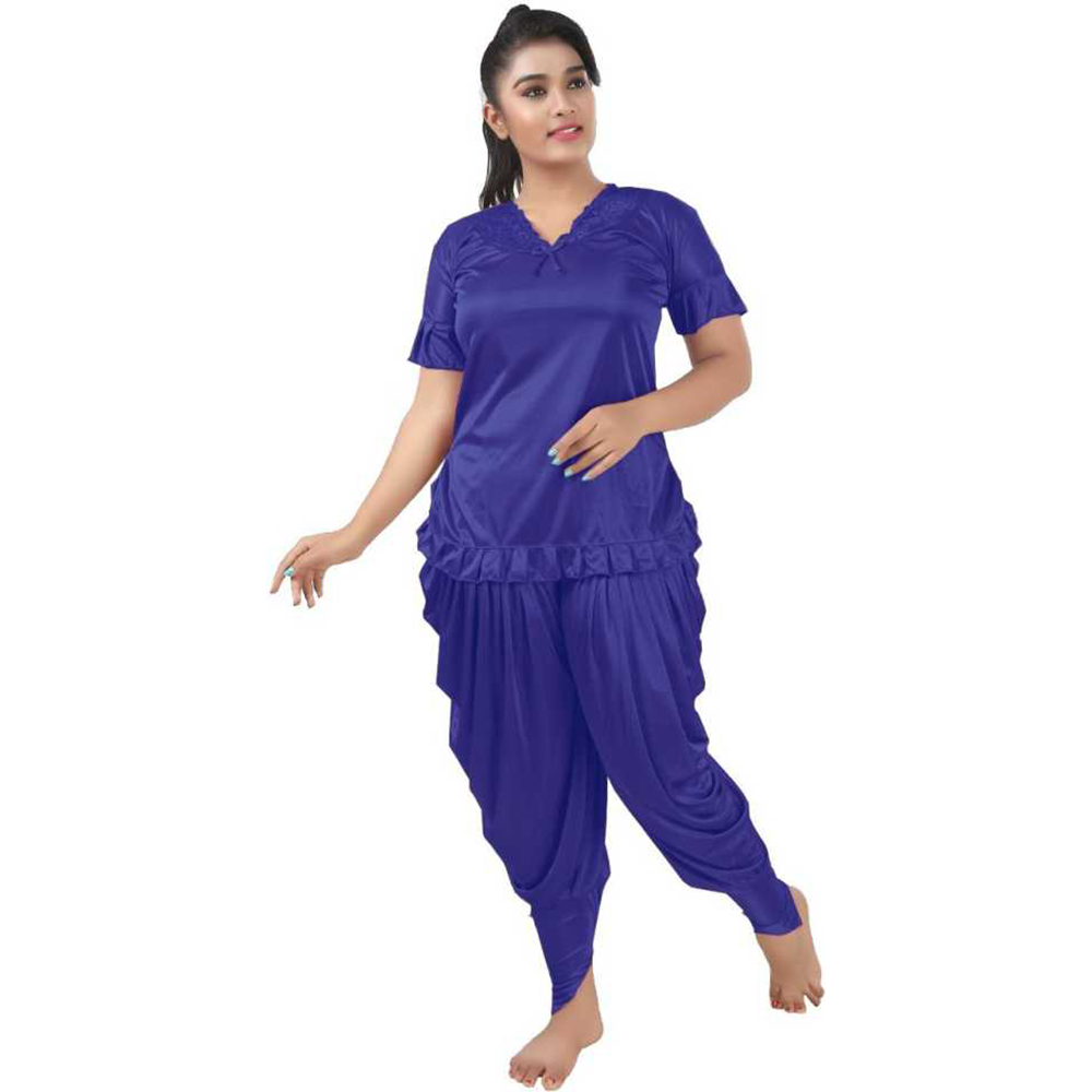 Satin Two Part Night Wear For Women - Blue - ND-81