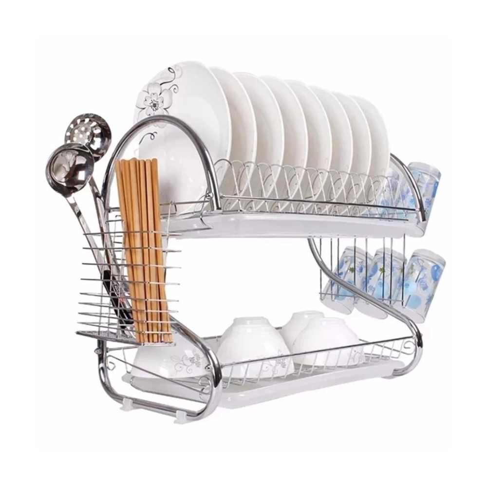 Stainless Steel Two Layer Dish Drainer Rack - Silver