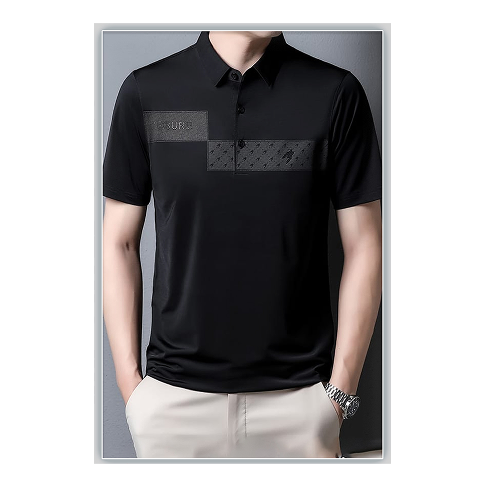 Stitch Half Sleeve Polo Shirt For Men - Black - POLO - 019