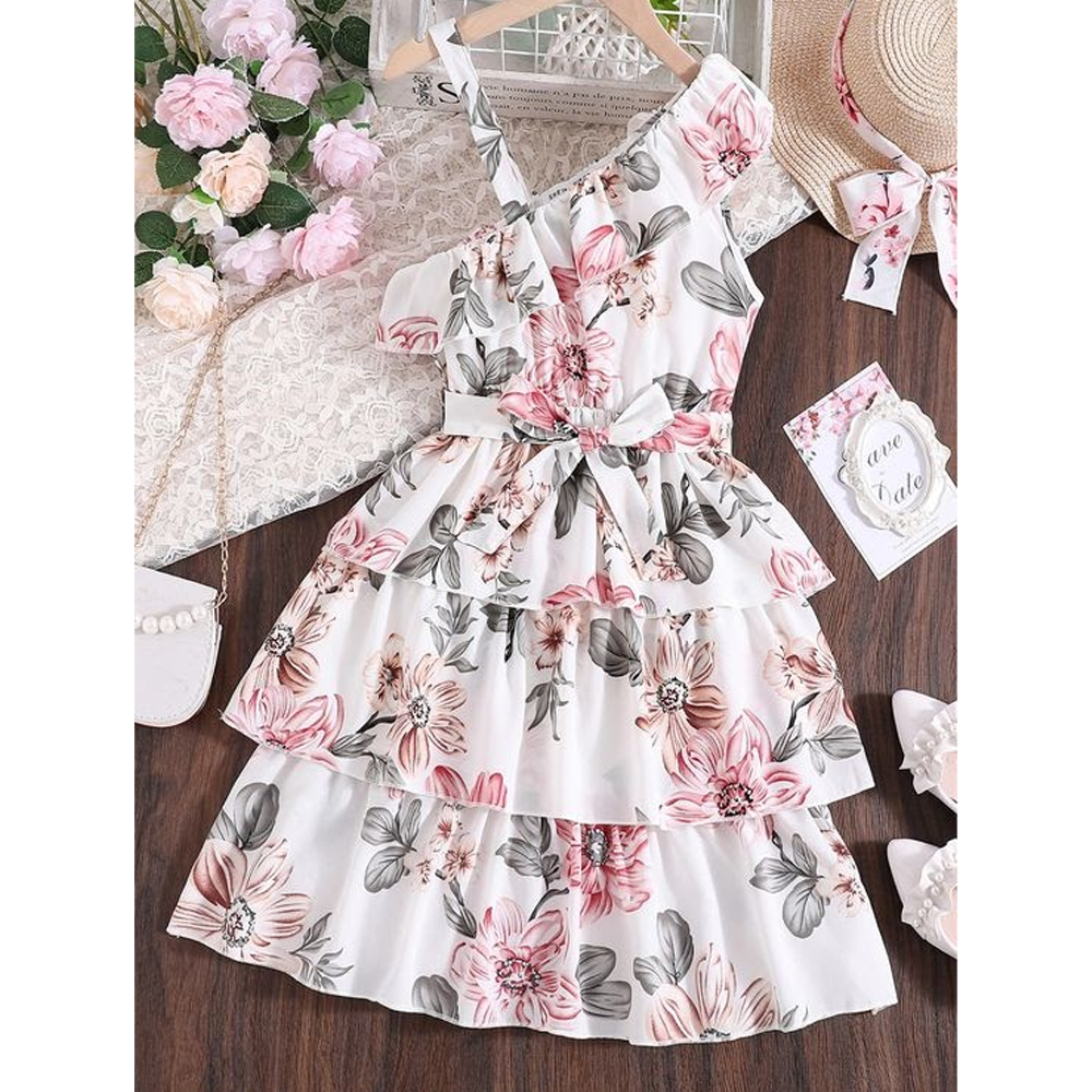 Linen Digital Print Baby Dress For Girls - White - 1728