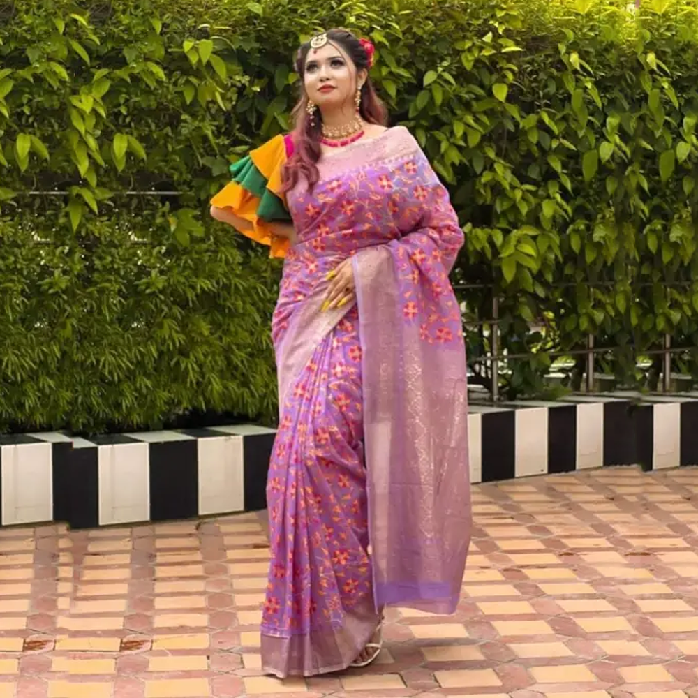 Dhupian Half Silk Skin Print Saree For Women - Multicolor - PP-223