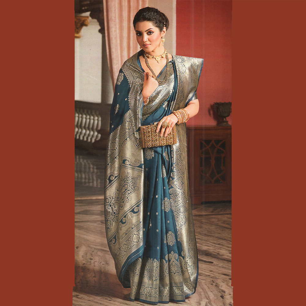 Gujrati Silk Handloom Saree For Women with Blouse Pieces - Ocean Blue - A634 D