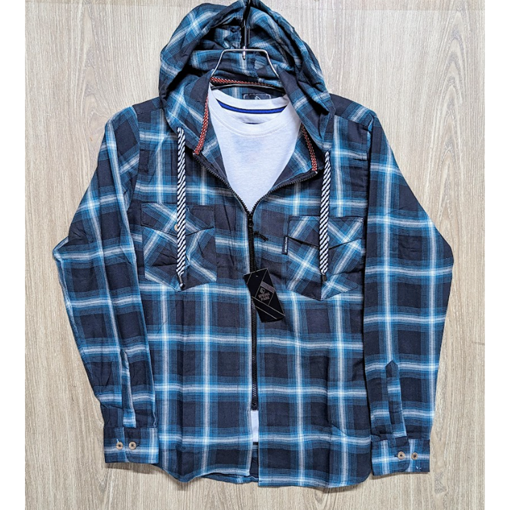 Flannel Cotton Hooded Shirt - Blue - SP0014