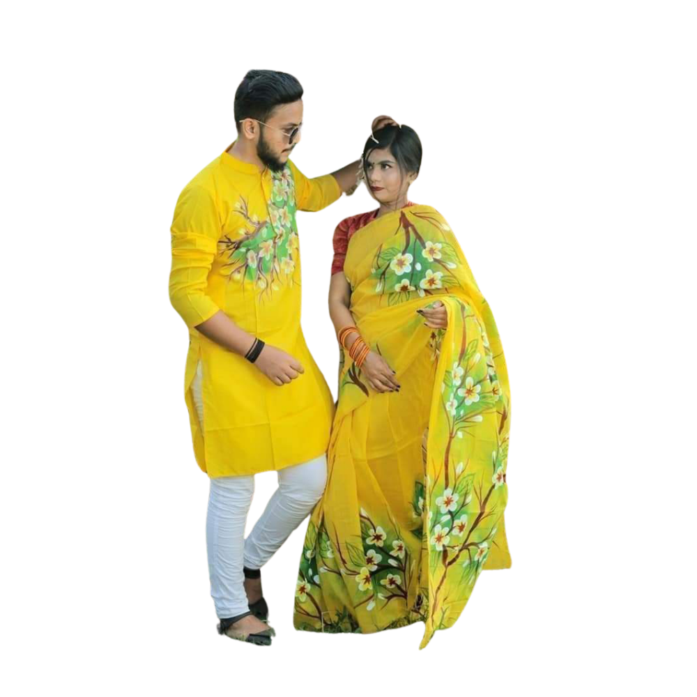 Cotton Silk Saree and Dhupian Cotton Panjabi Couple Dress - Ripe Lemon - SC40