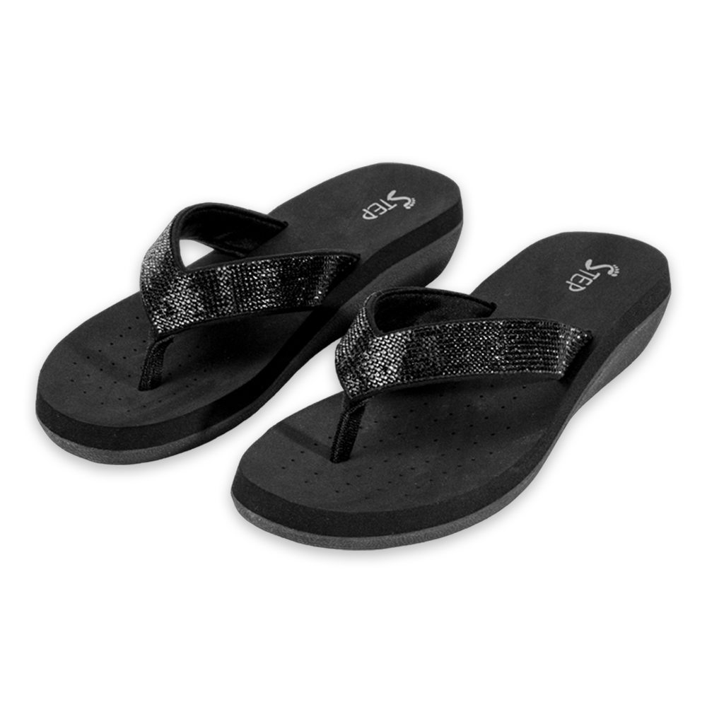 Step PU Leather With Stone Flip Flop Sandal For Women - Black - WPUBKS601046