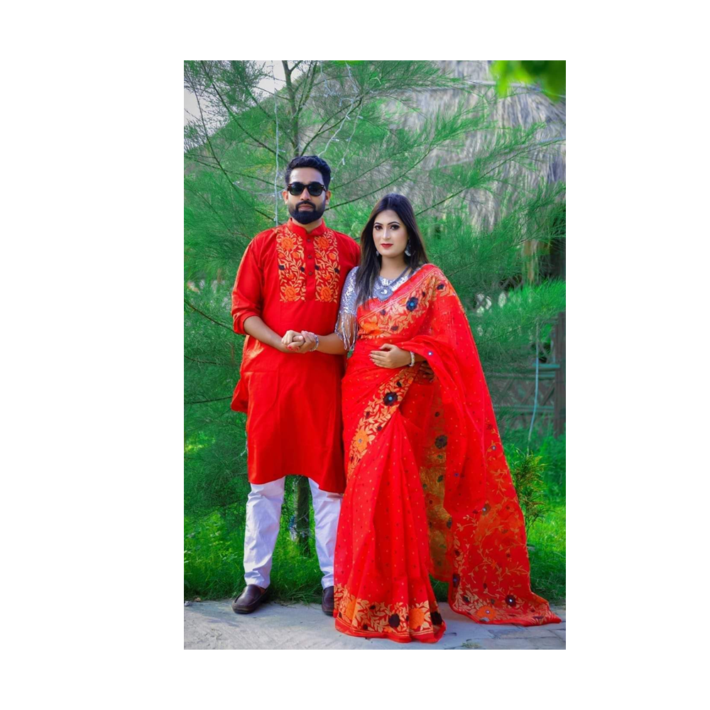 Gorgeous Half Silk Saree and Dhupian Cotton Panjabi For Couple Set - BAN048