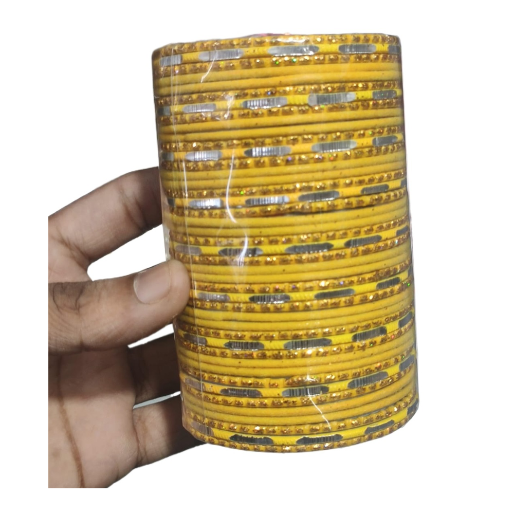 Metal Velvet Churi Set For Women - 36 Pcs - Yellow