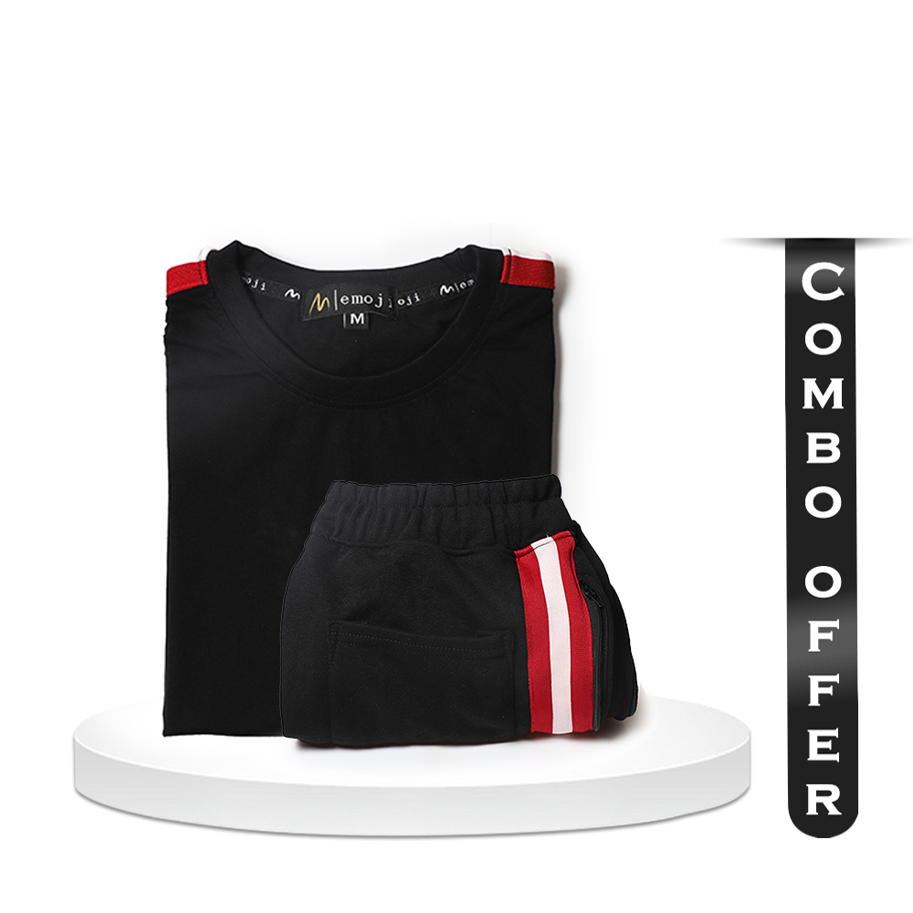 Combo Of Cotton Half Sleeve T-Shirt & Terry Joggers For Men - Black - EMJ#BSJBSTC