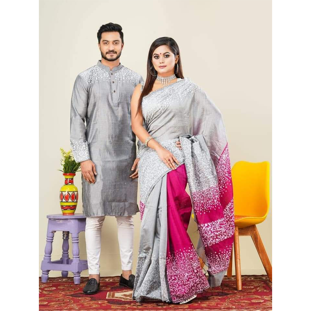 Dhupian Silk Saree and Dhupian Panjabi for Couple - Multicolor - HS-00102