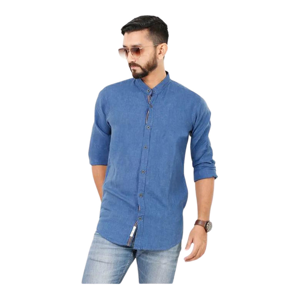 Cotton Casual Band Collar Shirt For Men - Blue