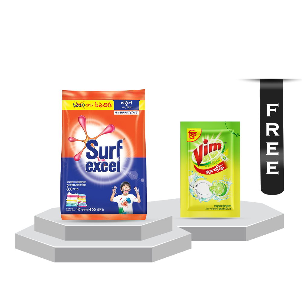 Surf Excel Synthetic Laundry Detergent Powder - 500gm With Vim Liquid Dish Washer - 5ml Free