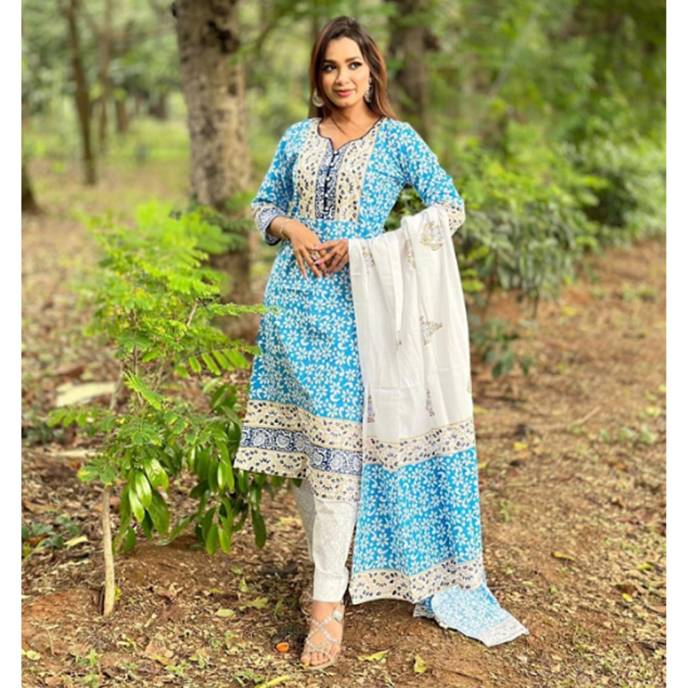 Cotton Unstitched Block Printed Salwar Kameez For Women Sky Blue BPD03