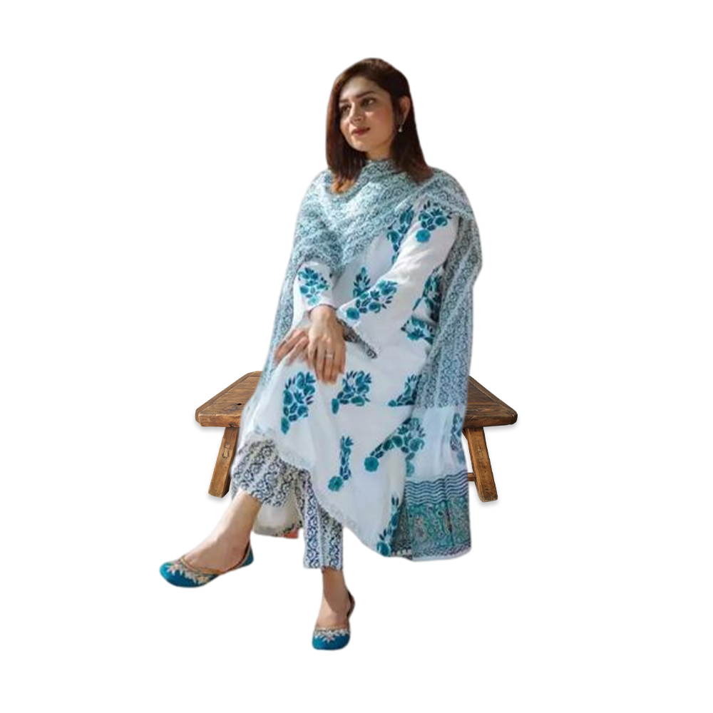 Unstitched Cotton Block Print Salwar kameez For Women - White - 3P-08