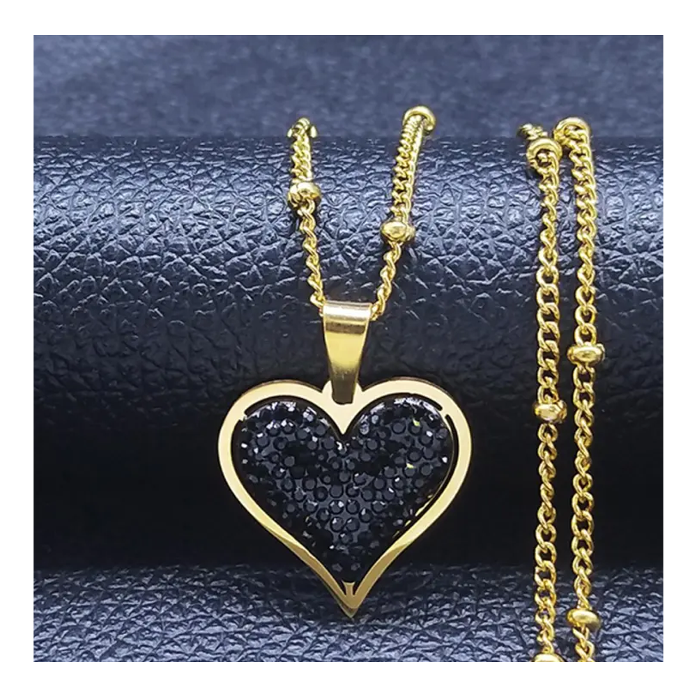 Gold Plated Crystal Heart Necklace for Women - Black