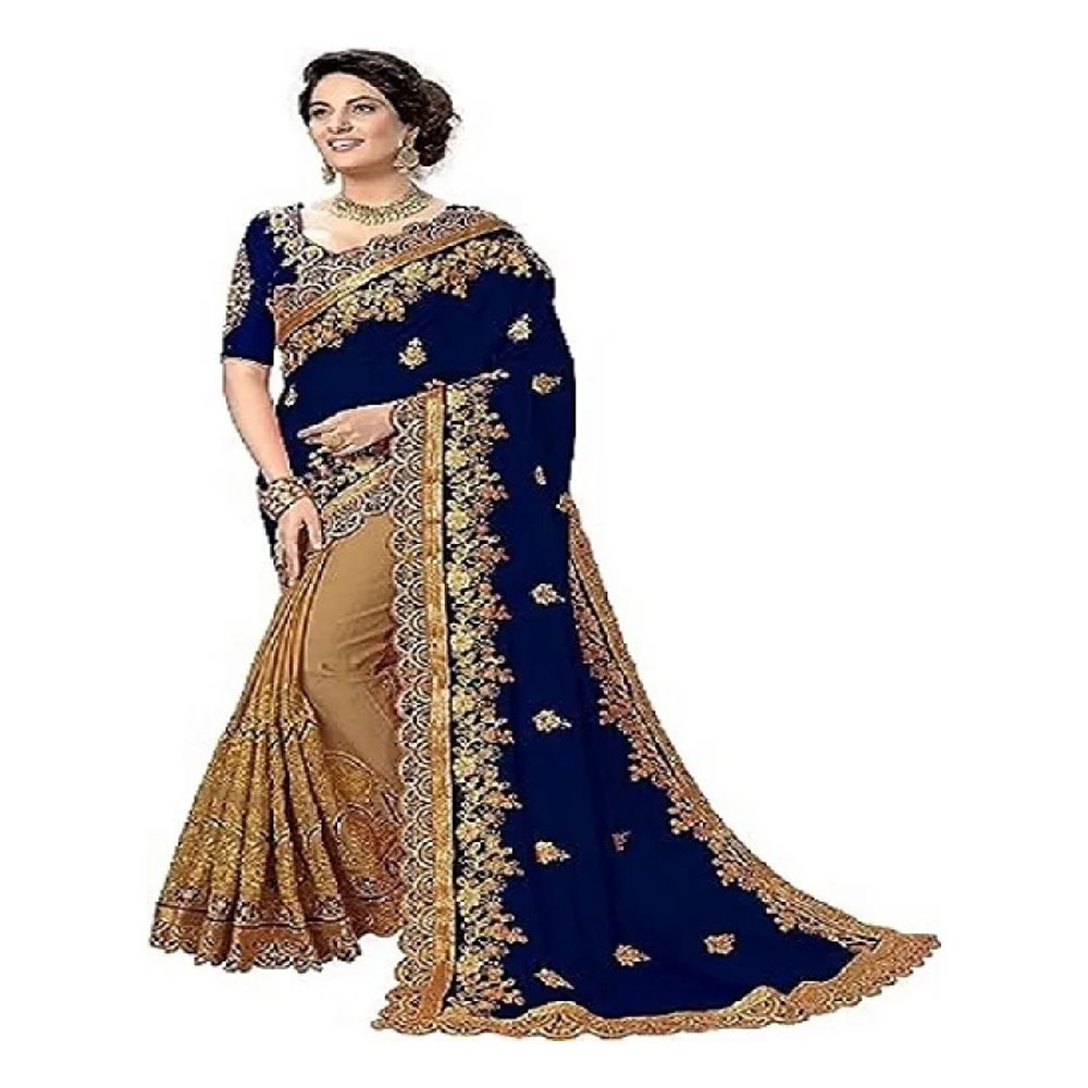 Georgette Embroidery Saree For Women - Navy Blue