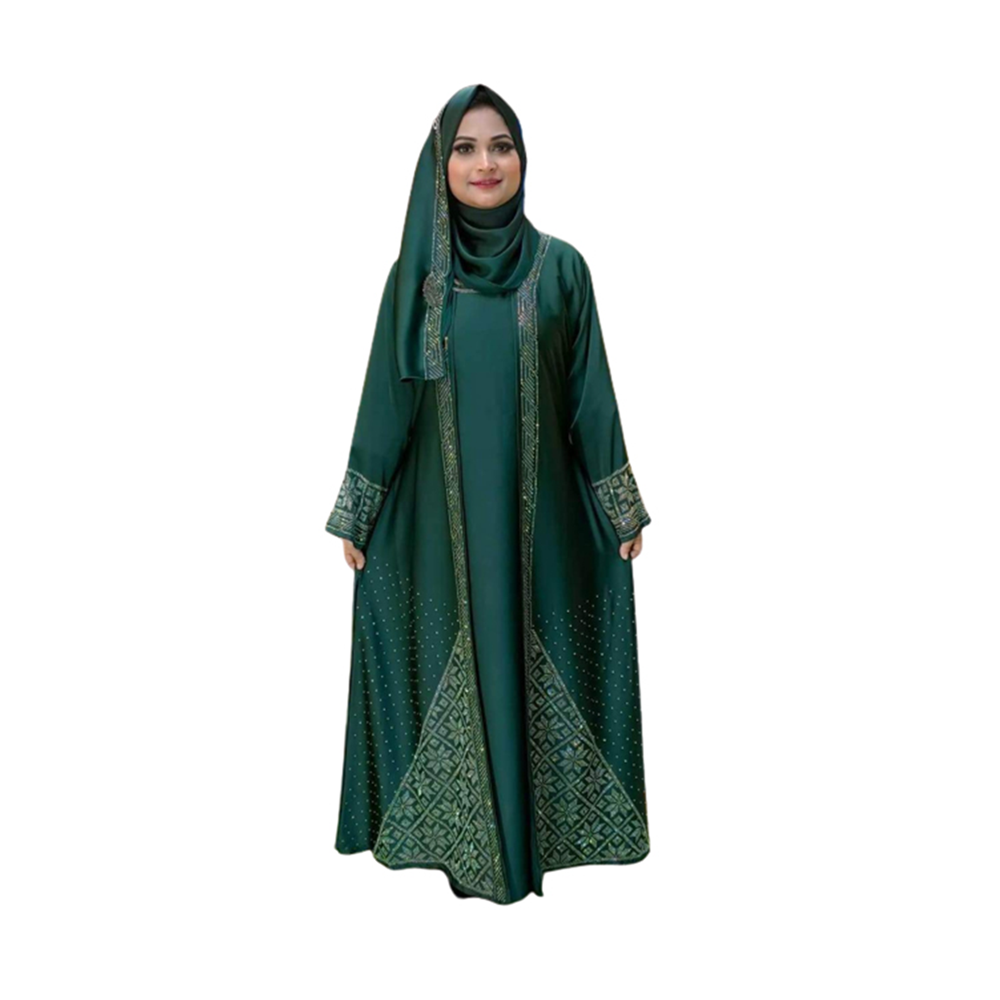 Dubai Cherry Stone Work Borkha With Koti & Hijab For Women - Teal - BK-K2