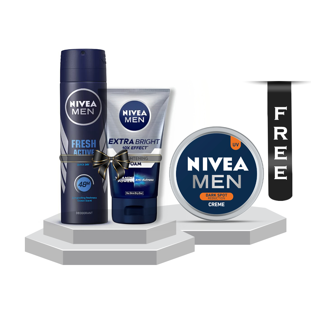 Buy Nivea Men Body Spray Fresh Active - 150ml and Extra Bright 10x Effect Brightening Foam - 100gm Get Nivea Men Dark Spot Reduction Creme - 75ml Free - 8160