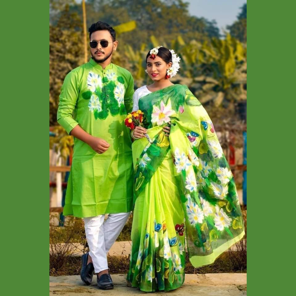 Half Silk Block Print Saree and Silk Cotton Panjabi For Couple - CS04