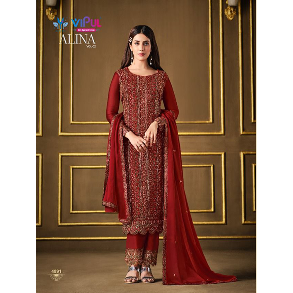 Unstitched Georgette Embroidery 4 Piece Salwar Kameez For Women - Maroon - 4F-G8