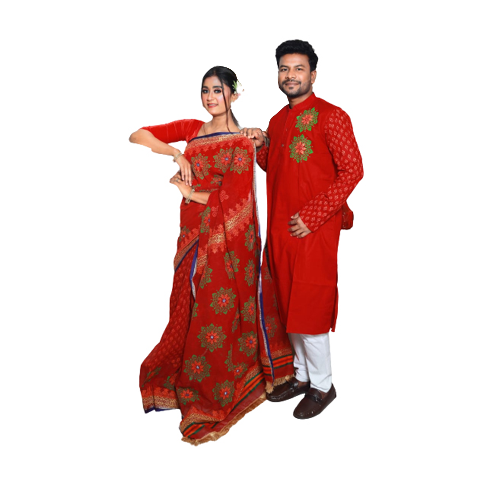 Exclusive Couple Set Saree With Panjabi - Red - CS-B9