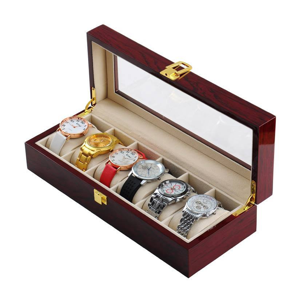 Lacquered Wooden Watch Box With Glass Top - 6 Slot - Chocolate