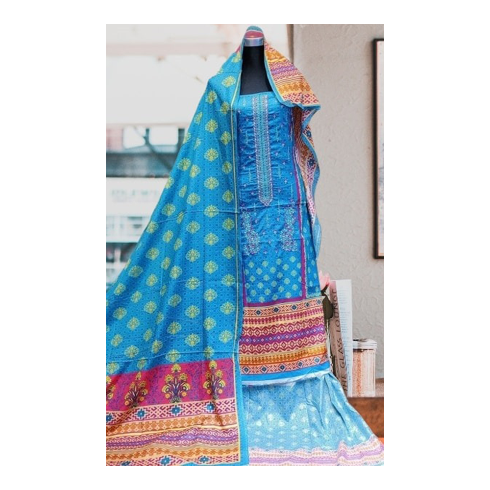 Unstiched Cotton Embroidery Salwar Kameez for Women - Blue - 3R-E7 