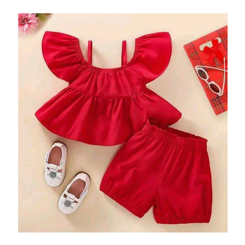 Linen Romper Frock for Girls - Red