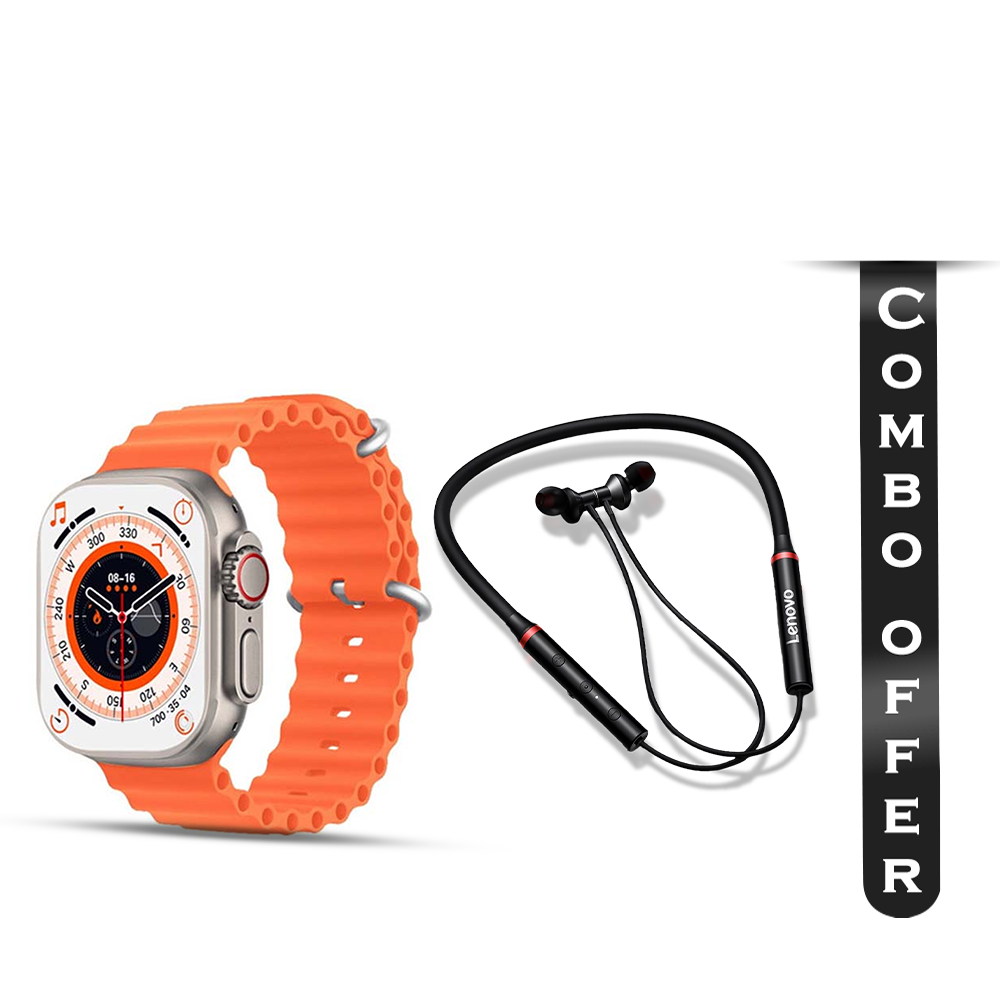 Combo Offer Of T900 Ultra Smart Watch - Orange with Lenovo HE05X Magnetic Neckband Bluetooth Earphone - Black