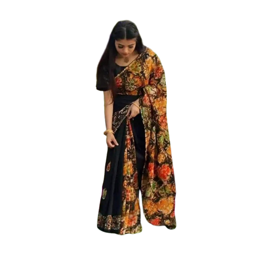 Premium Quality Silk Batik Saree With Blouse Piece - Black - SB-N10