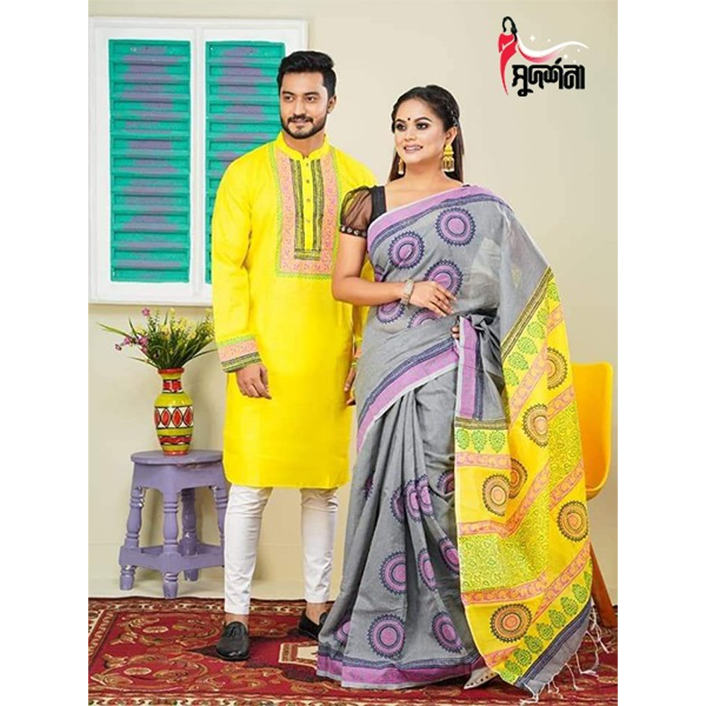 Dhupian Block Print Silk Saree and Dhupian Silk Panjabi for Couple - Multicolor - 0027
