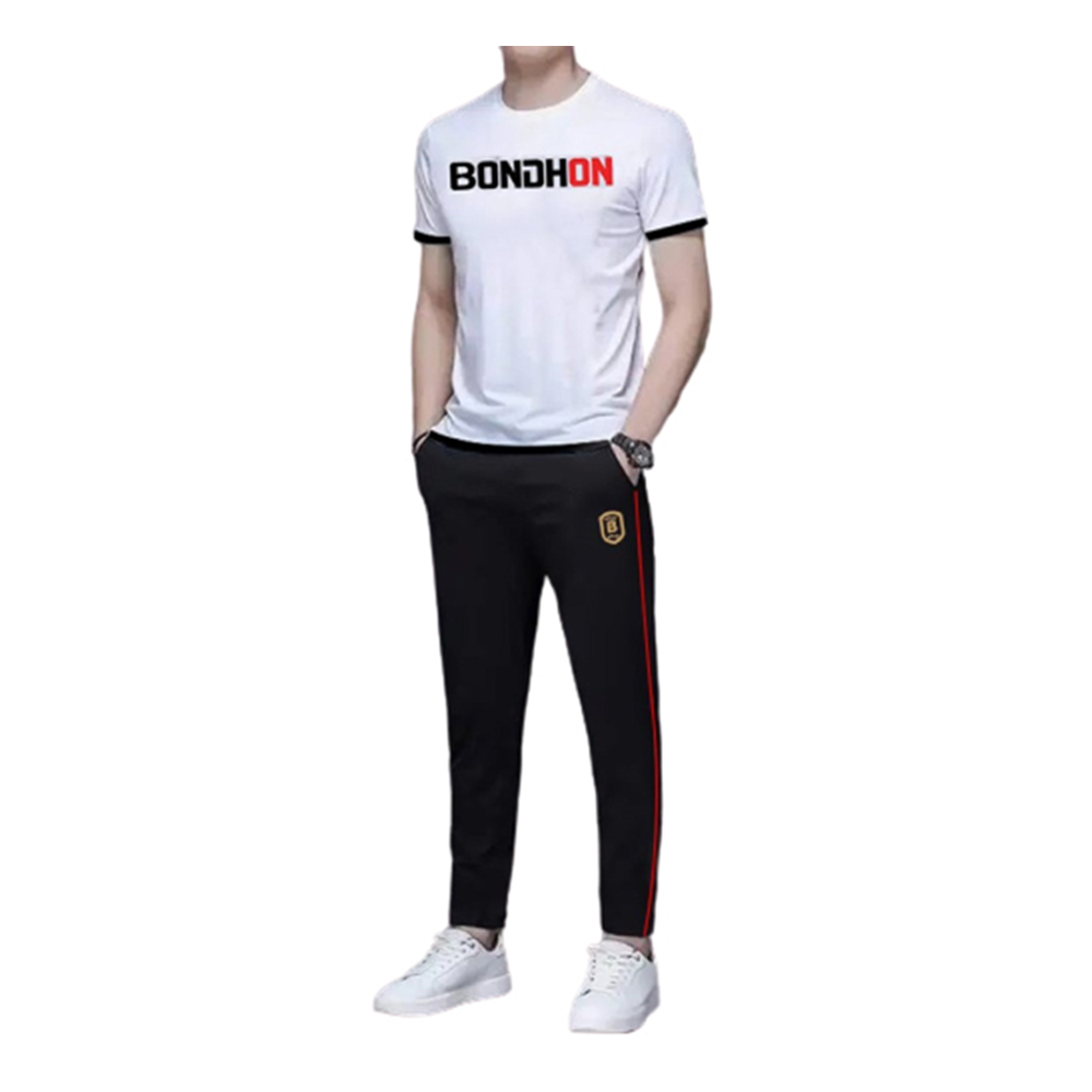 PP Jersey T-Shirt With Trouser Full Track Suit - White and Black - TF-11