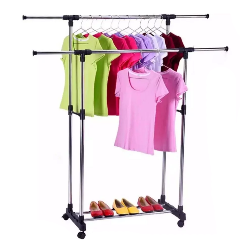 Stainless Steel Double Pole Cloth Rack - Silver and Black