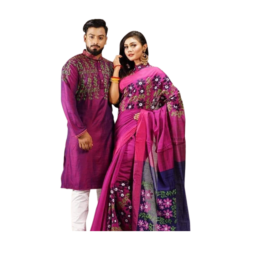 Half Silk Saree and Silk Cotton Panjabi Set For Couple - Pink - CS-49