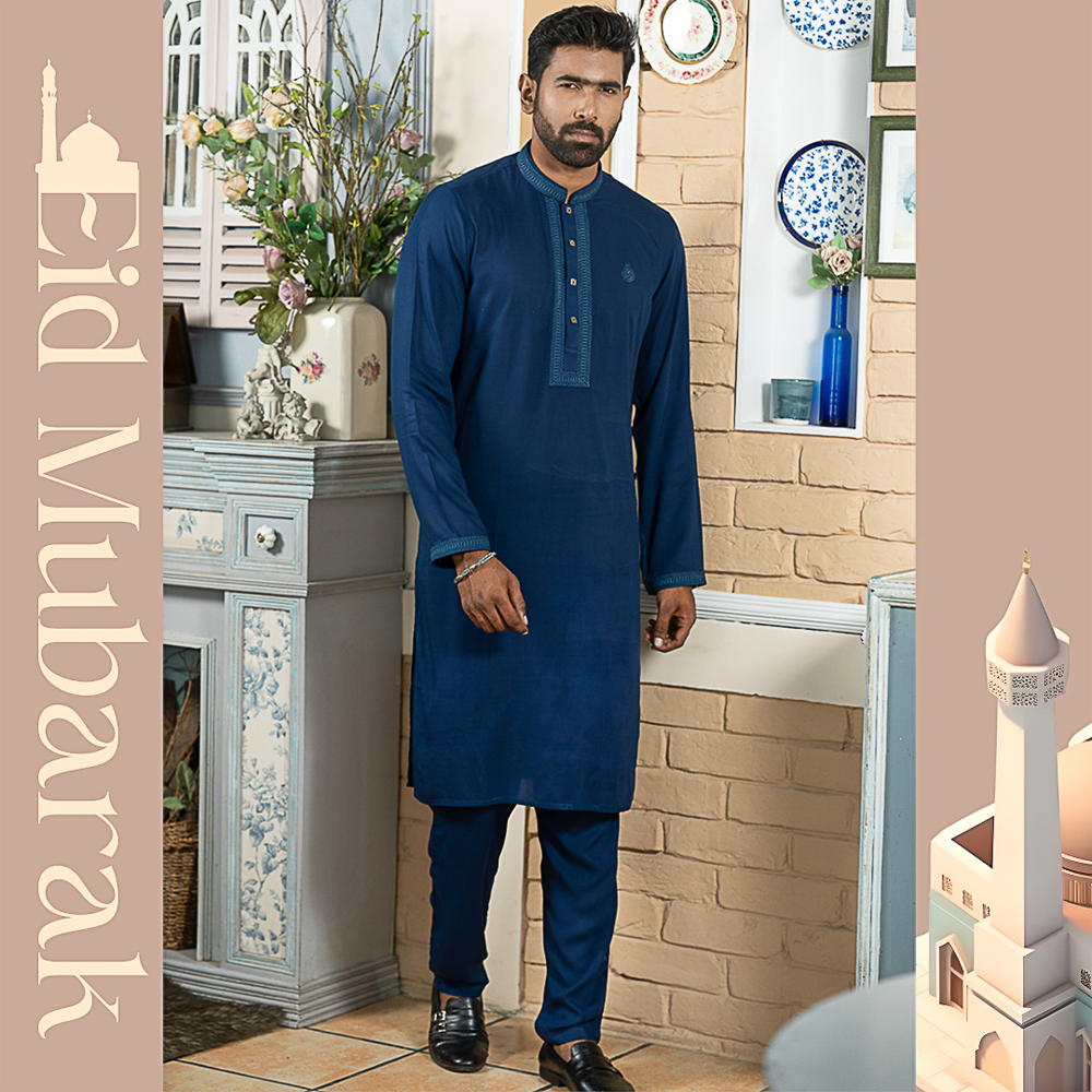 Cotton Panjabi with Pajama For Men - Navy Blue - 4911