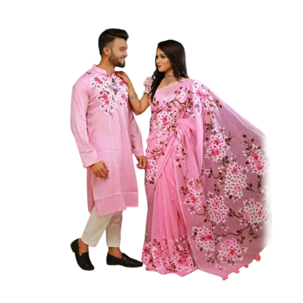  Hand Print Couple Set Saree With Panjabi - Pink - CS-77