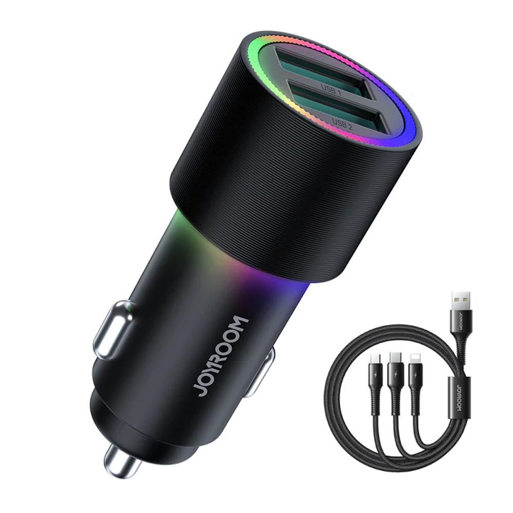 JOYROOM JR-CL10 4.8A Dual USB Car Charger With 3 in 1 Cable - Black