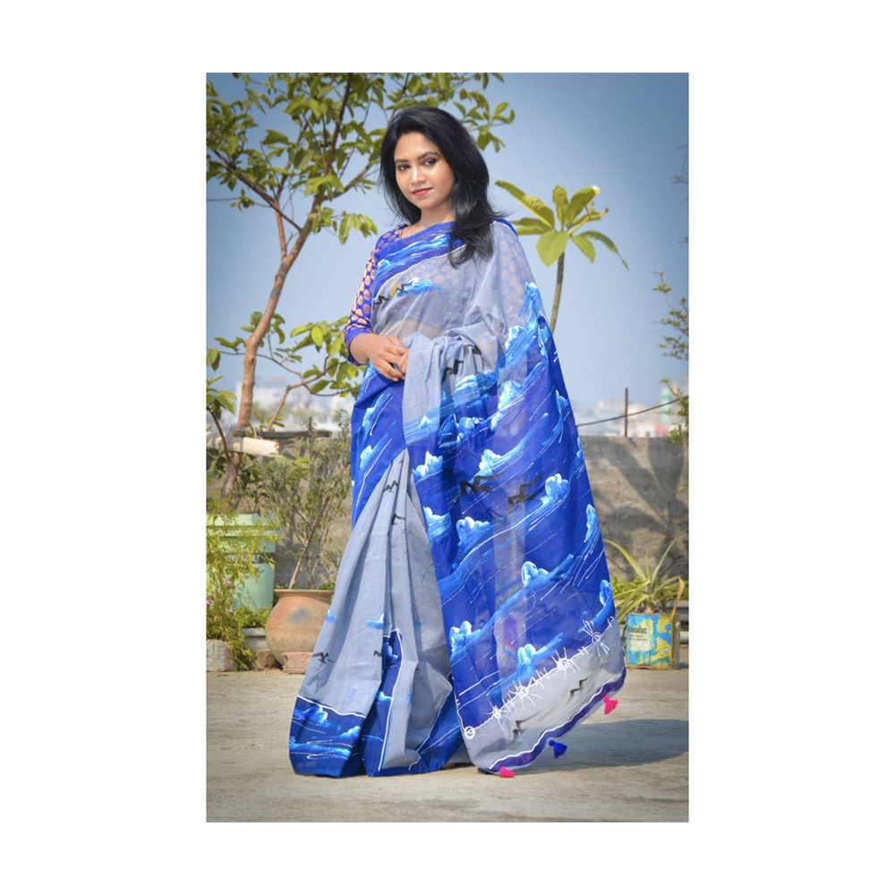 Hand Printed Half Silk Saree For Women - Multicolor - BAN147