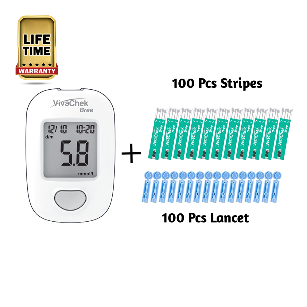 Combo Of Vivachek Bree Diabetes Test Machine With 100Pcs Strips and 100Pcs Lancets