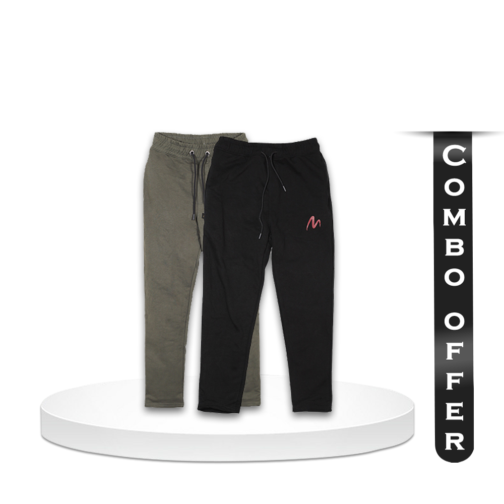 Combo Of 2  piece Cotton Terry Joggers Pant For Men - Black & Olive - EMJ#BOJC