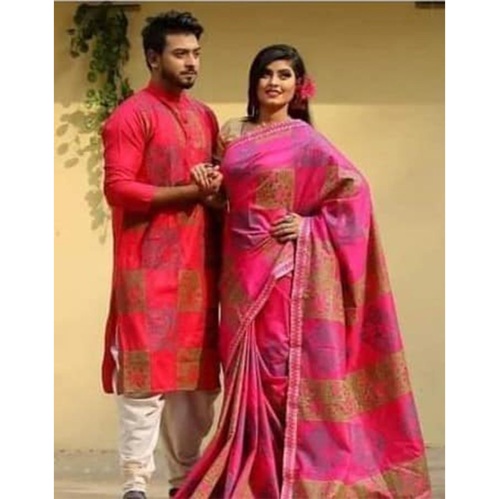 Half Silk Block Print Saree and Dupiyan Cotton Panjabi Couple Set - Pink - 94