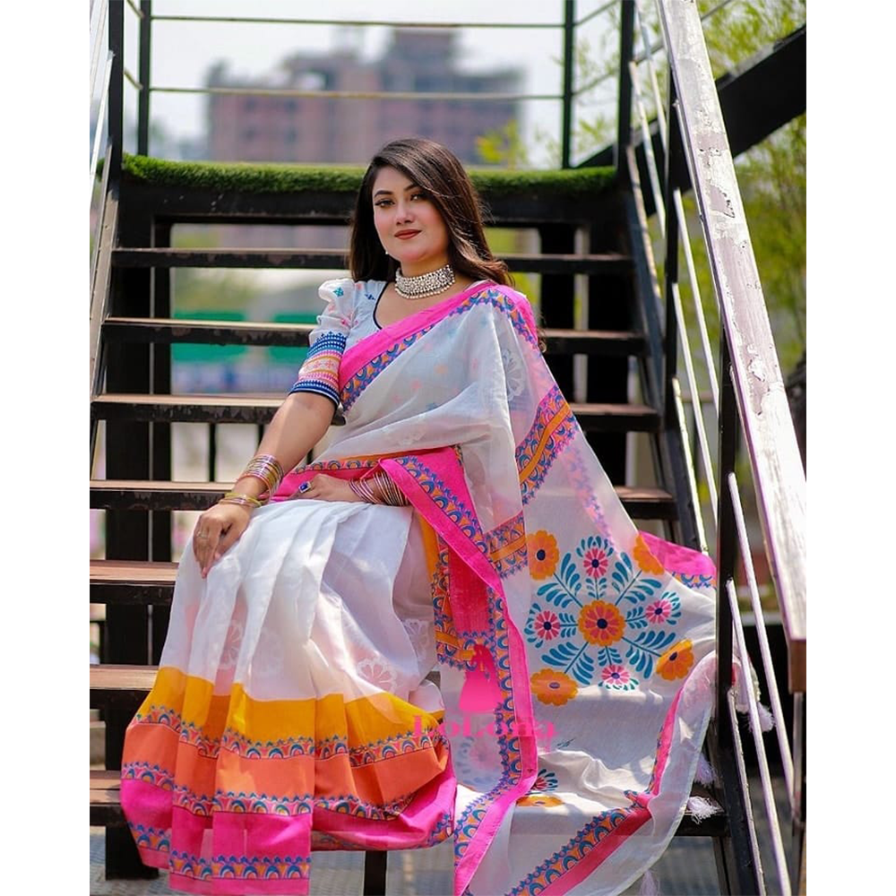 Half Silk Screen Print Saree For Women - Multicolor - NH-107