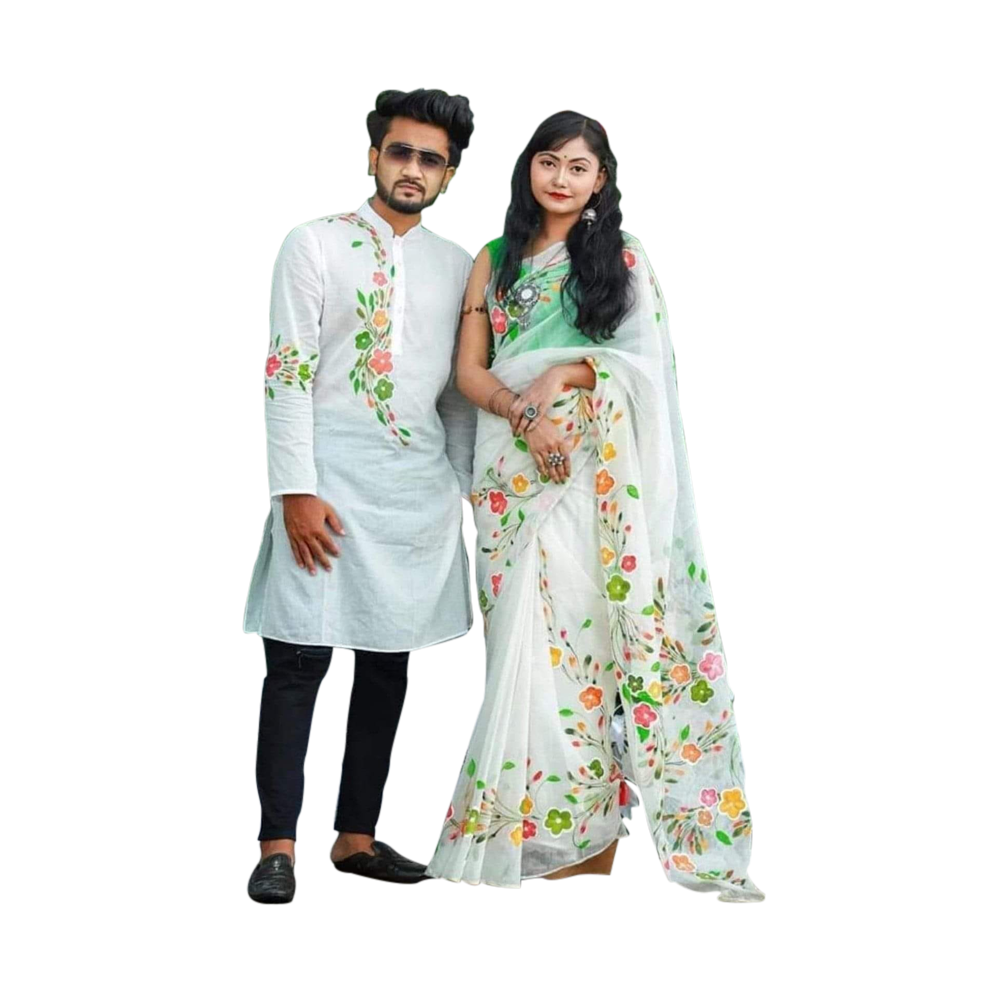 Half Silk Sharee and Cotton Punjabi Set For Couple - CS-19 - White And Light Green