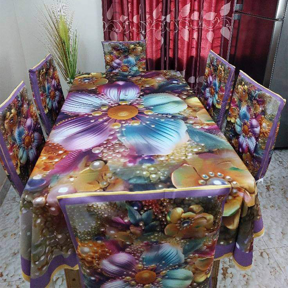 Korean Velvet 3D Print Premium Dining Table Cloth and Chair Cover Set 7 in 1 - TC-127