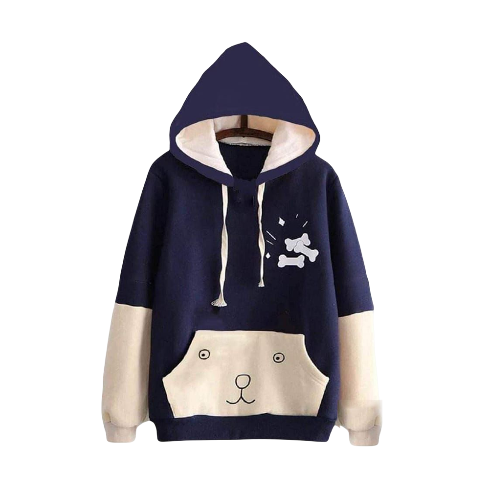 Cotton Hoodie Jacket For Women - Navy Blue And Cream - HL-15