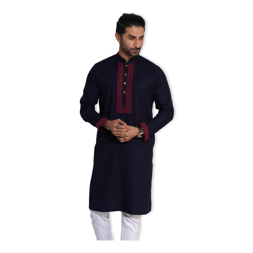 Aman Cotton Embroidery Panjabi For Men - Black - AP-17