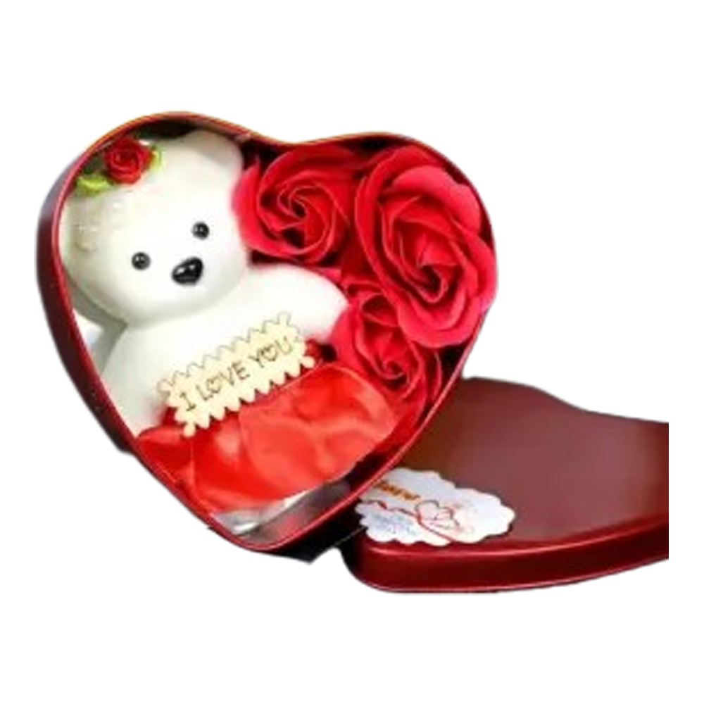 Heart Shaped Gift Box with Teddy and Roses - Red