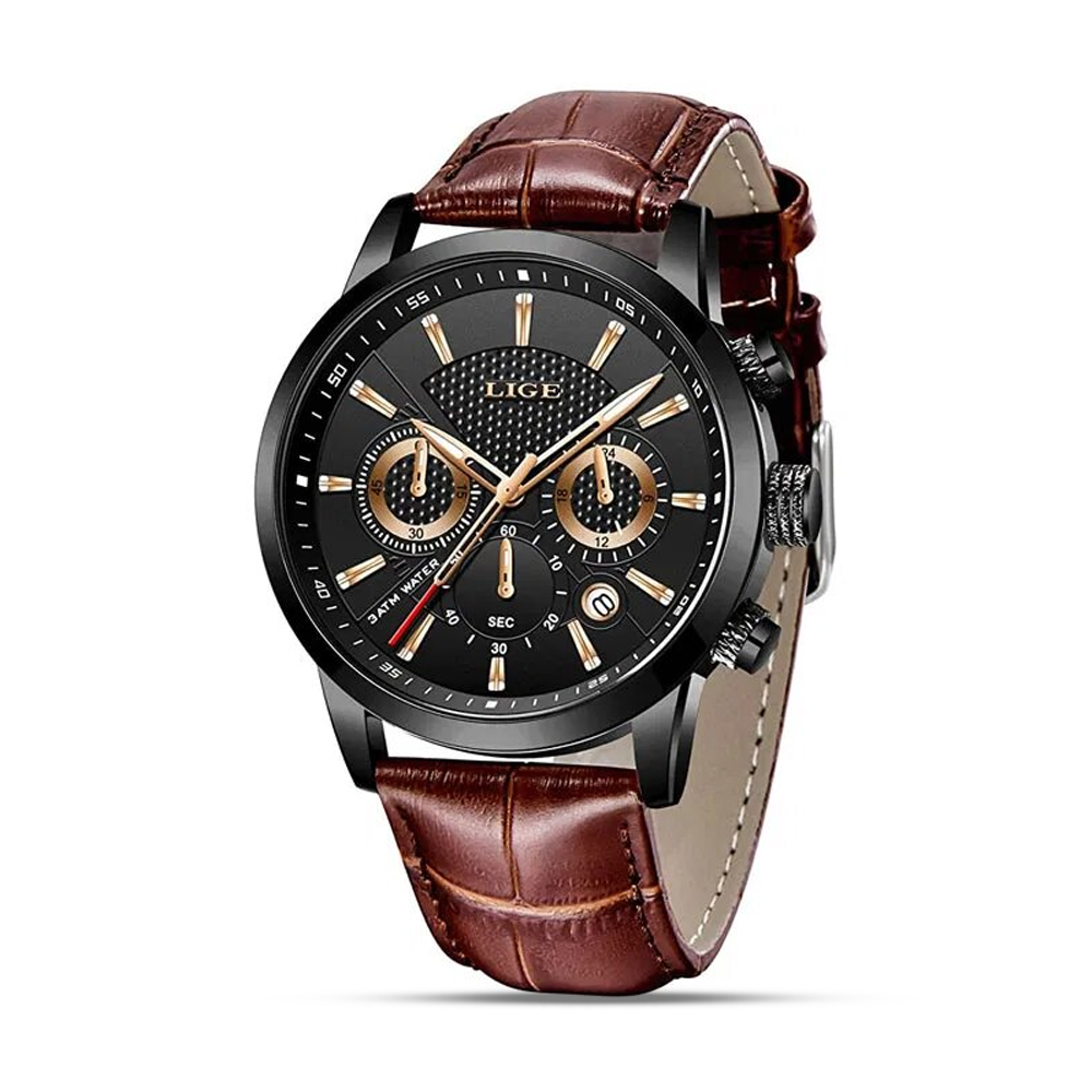 LIGE 9866 Luxury 30M Waterproof Leather Watch for Men