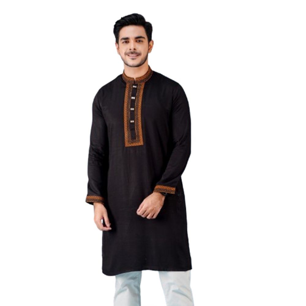 Cotton Embroidery Semi Long Panjabi For Men - Black - PM-29