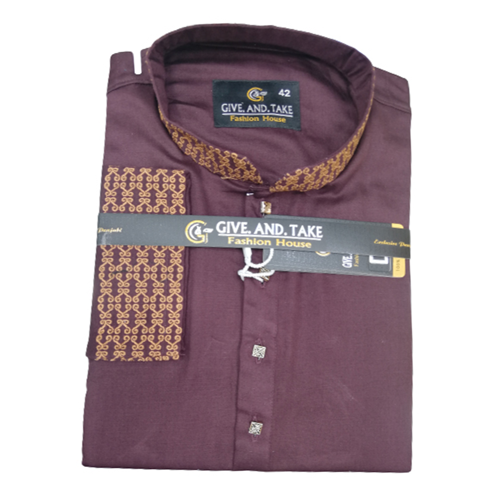 Embroidery Cotton Semi Long Panjabi For Men - Maroon - PM-08